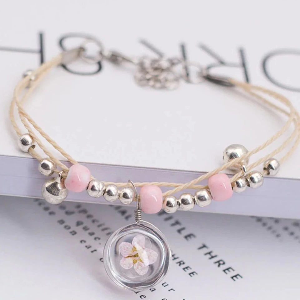 Handrope Peach Blossom Pearl Bracelet, Handwoven Ceramic Beads Glass Dry Flower Bracelet, Dry Flower Bracelet, Colorful Transparent Ball Eternal Flower Bracelet Handrope Peach Blossom Pearl Bracelet, Handwoven Ceramic Beads Glass Dry Flower Bracelet, Dry Flower Bracelet, Colorful Transparent Ball Eternal Flower Bracelet